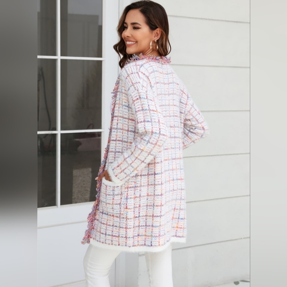 Plaid Retro Knit Colorful Fringe Faux Fur Hem Longline Sweater Cardigan Pink - Picture 6 of 7